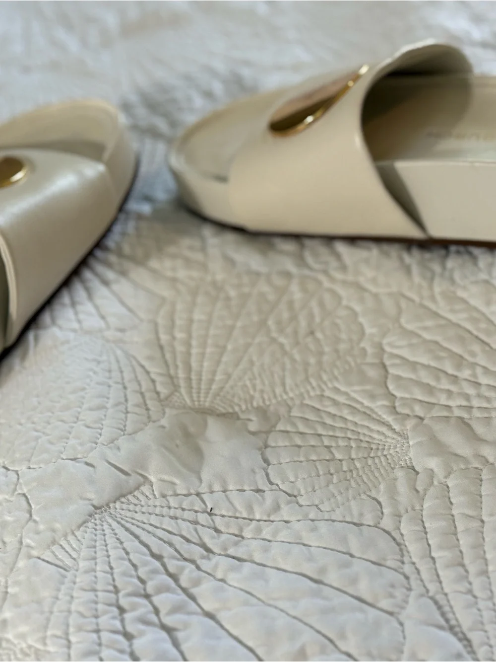 Tory Burch Cream Slide Sandals with Gold Medallion